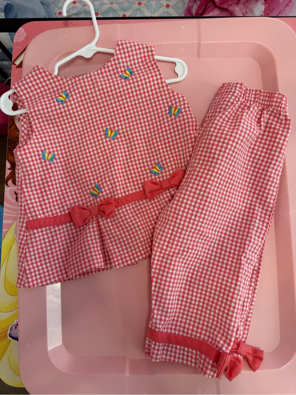 Girls' Pink Gingham Pajama Set with Butterfly Embroidery